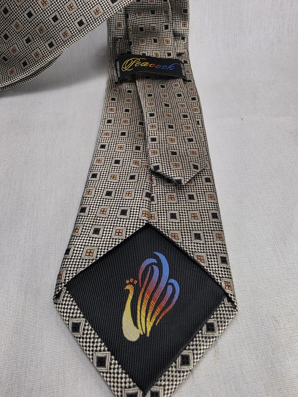 Peacock Pure Silk Geometric Square Tie Mens 60x3.75 Vintage Style